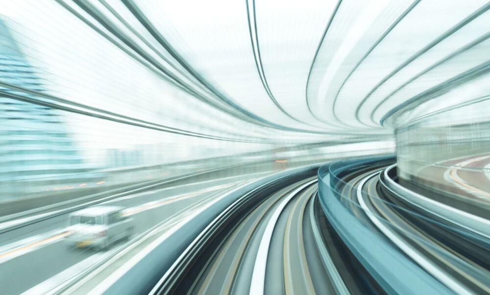 Front view from a monorail train with a time-lapse effect applied